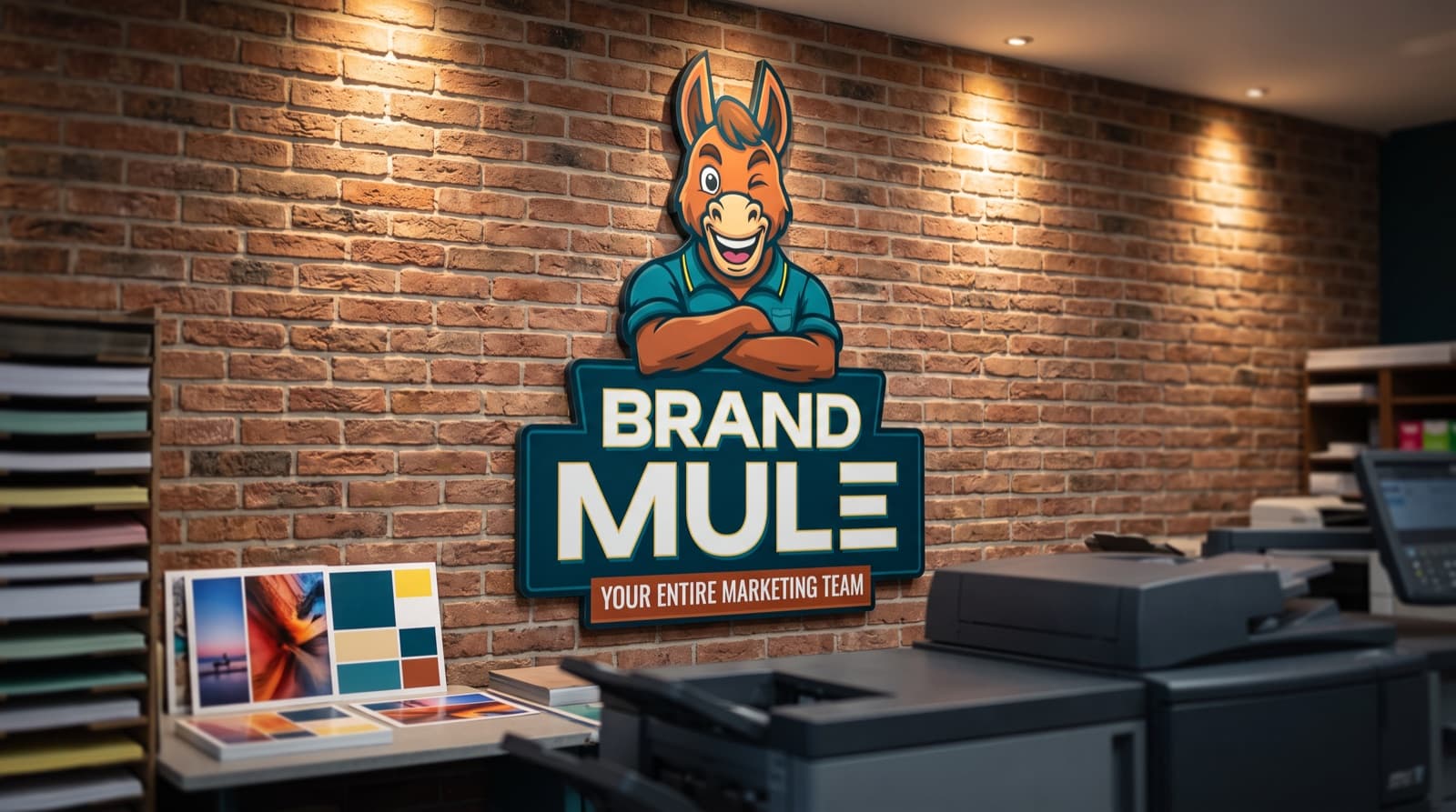 The Brand Mule mascot sign on a lit brick wall, printed samples on a counter and a press in the foreground