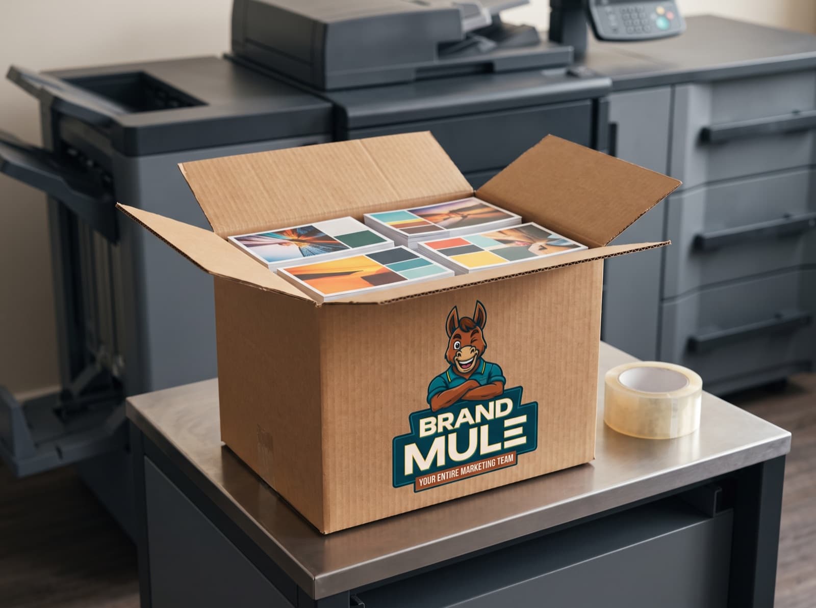 An open shipping box with the Brand Mule logo, packed with stacks of printed cards, a roll of packing tape beside it and a press behind