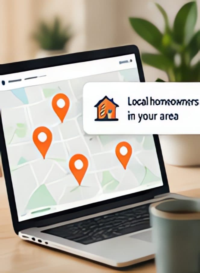 Illustration: a laptop showing a neighborhood map with orange target pins and a “Local homeowners in your area” label