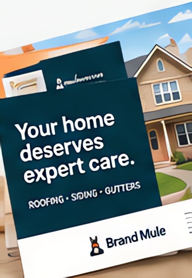 Illustration: a direct-mail postcard reading “Your home deserves expert care” beside a photo of a house