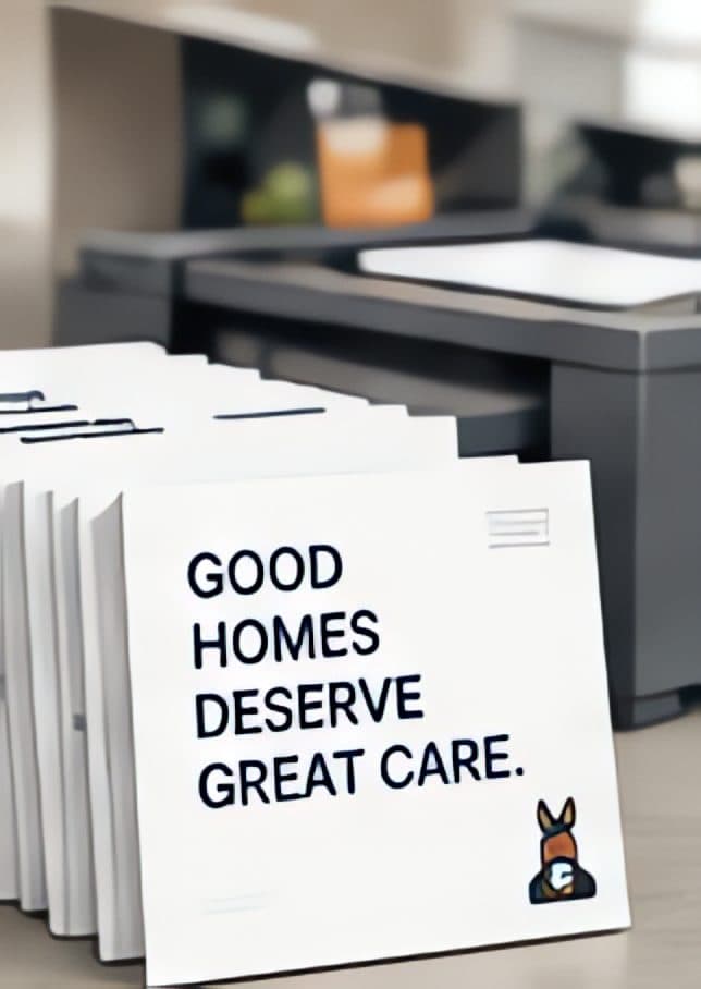 Illustration: a stack of printed postcards reading “Good homes deserve great care” in front of a printer