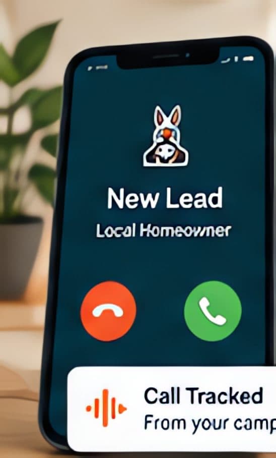 Illustration: a phone showing an incoming new-lead call from a local homeowner, marked “Call tracked”