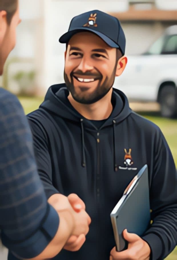 Illustration: a technician in a Brand Mule cap shaking hands with a homeowner
