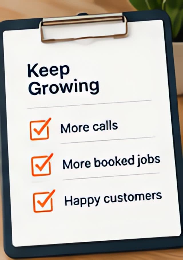 Illustration: a clipboard titled “Keep growing” with more calls, more booked jobs and happy customers ticked off