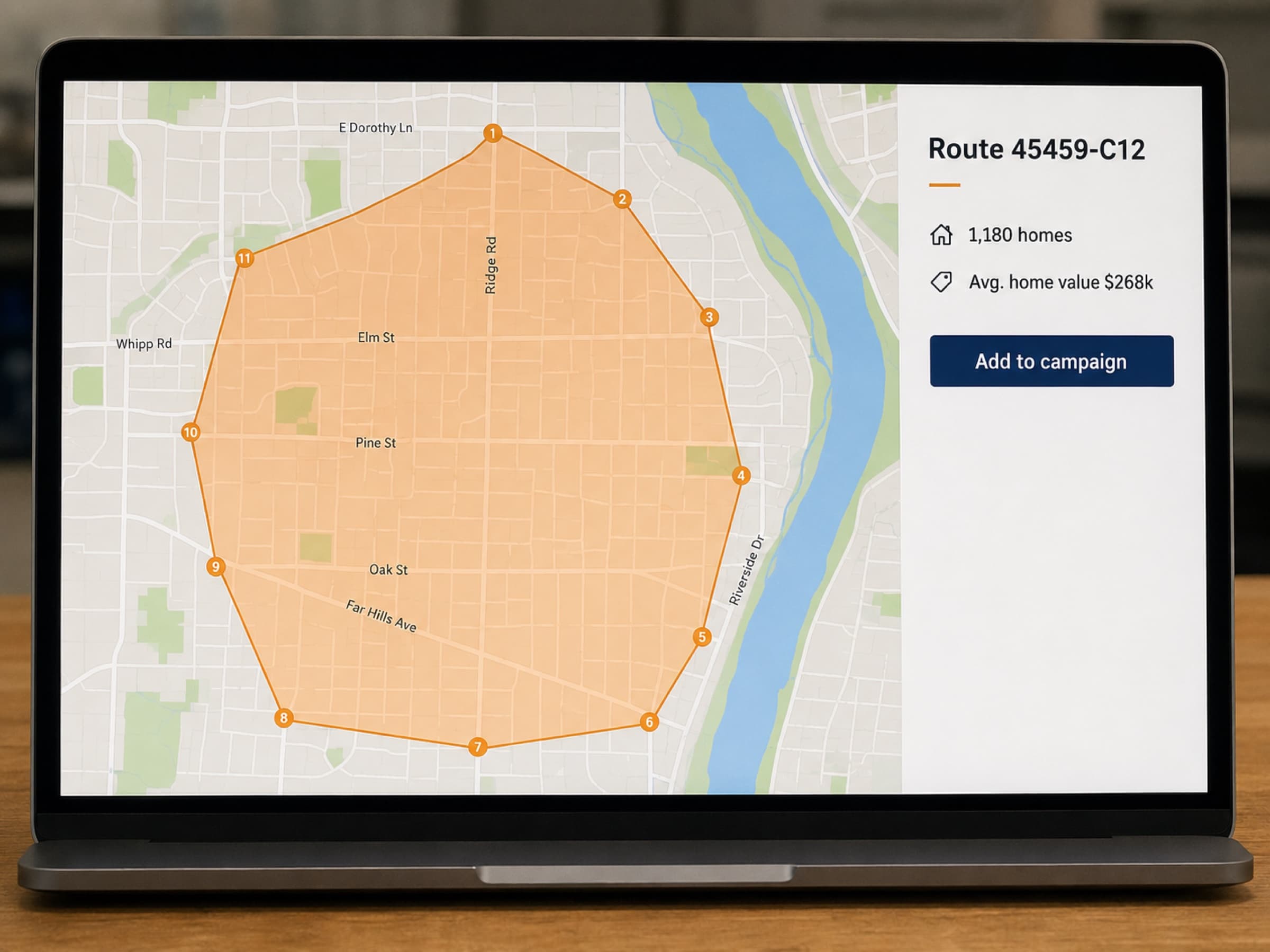 A mailing route drawn on a neighborhood map with the home count and average home value