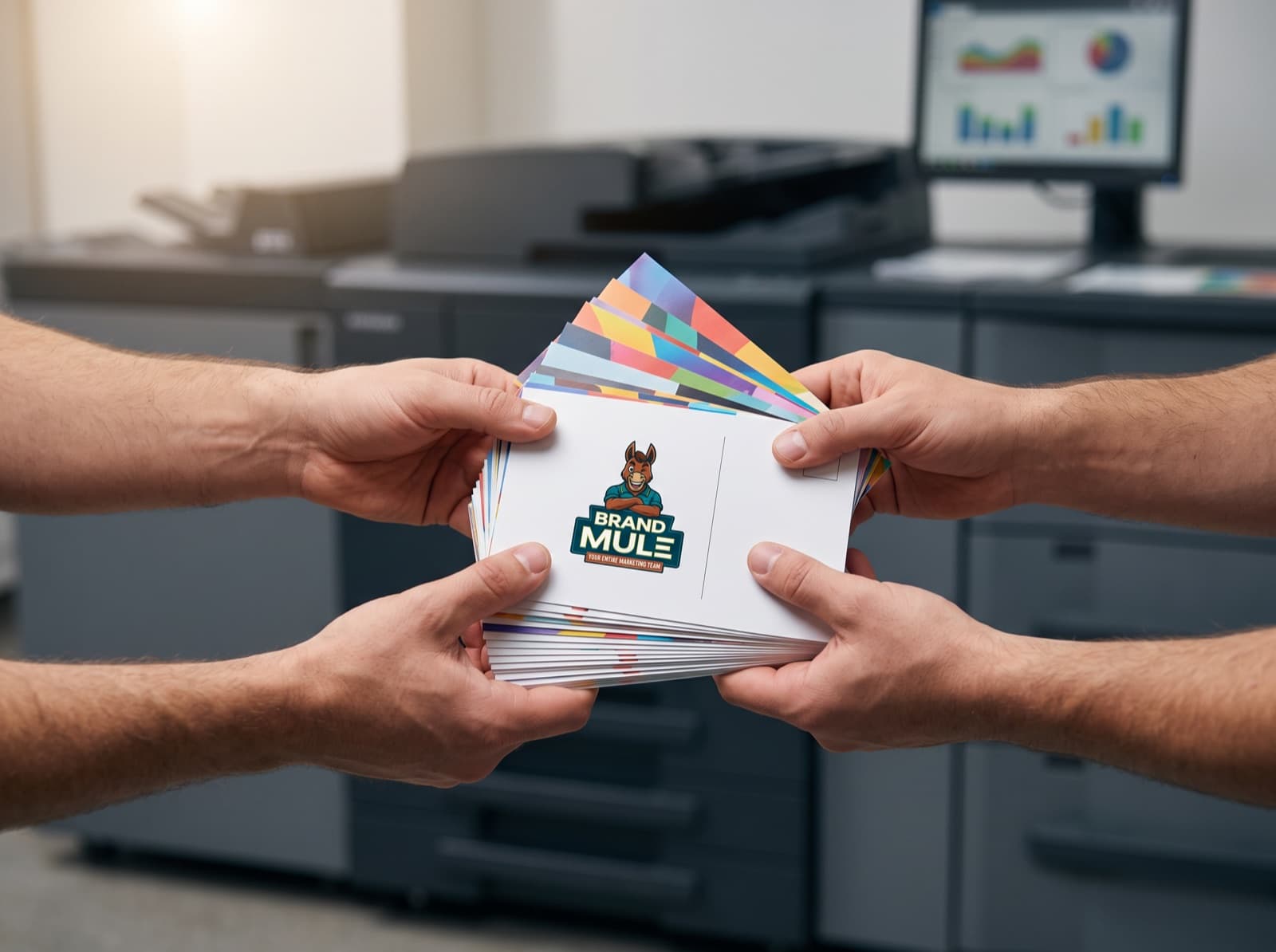 Two pairs of hands passing a fanned stack of colorful postcards, the top card showing the Brand Mule logo, a press and a reporting screen behind