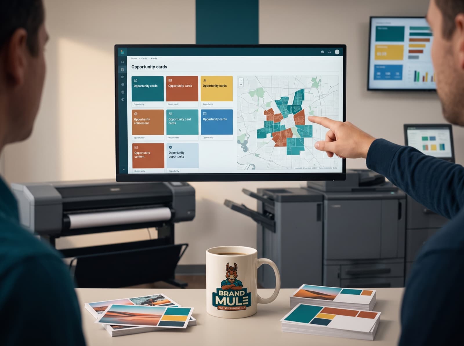 Two people at a monitor showing a queue of opportunity cards beside a map with neighborhoods shaded, one pointing at the map, postcard stacks and a Brand Mule mug on the desk