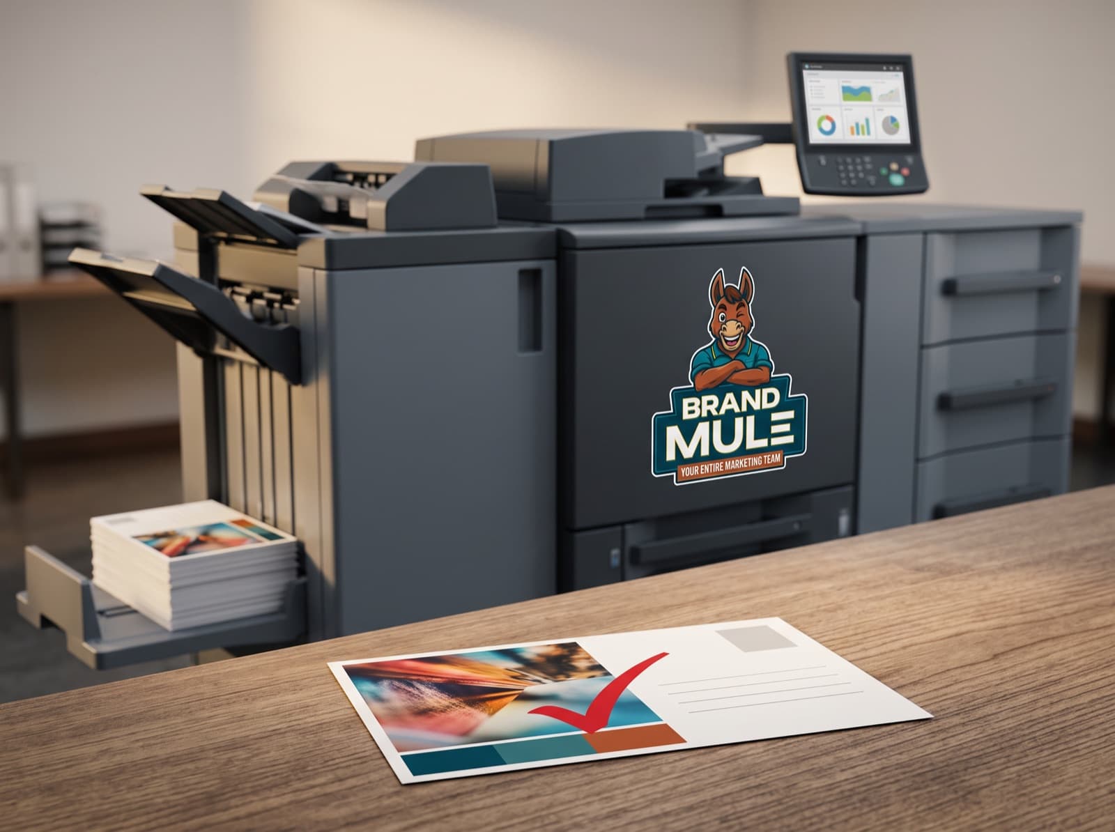 A postcard proof marked with a red check mark on a wooden counter in front of a production press with a Brand Mule decal, a stack of finished cards on its output tray
