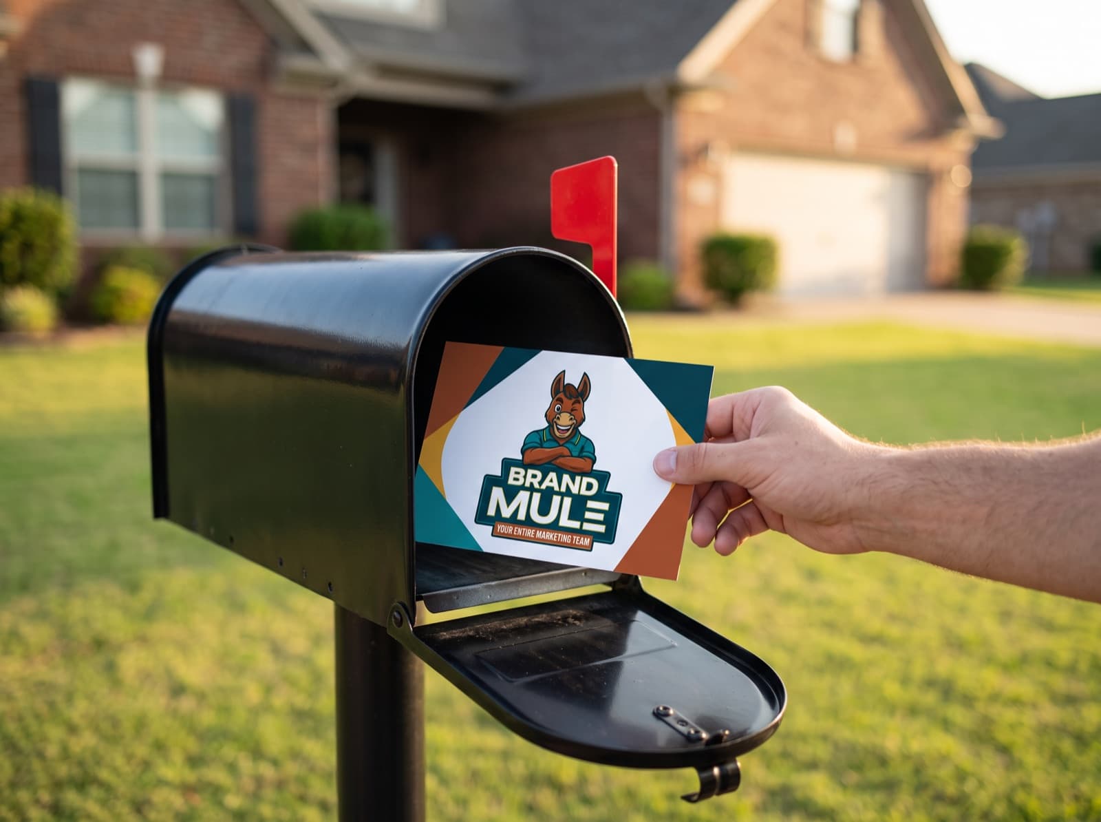 A hand placing a Brand Mule postcard into a curbside mailbox in front of a brick house