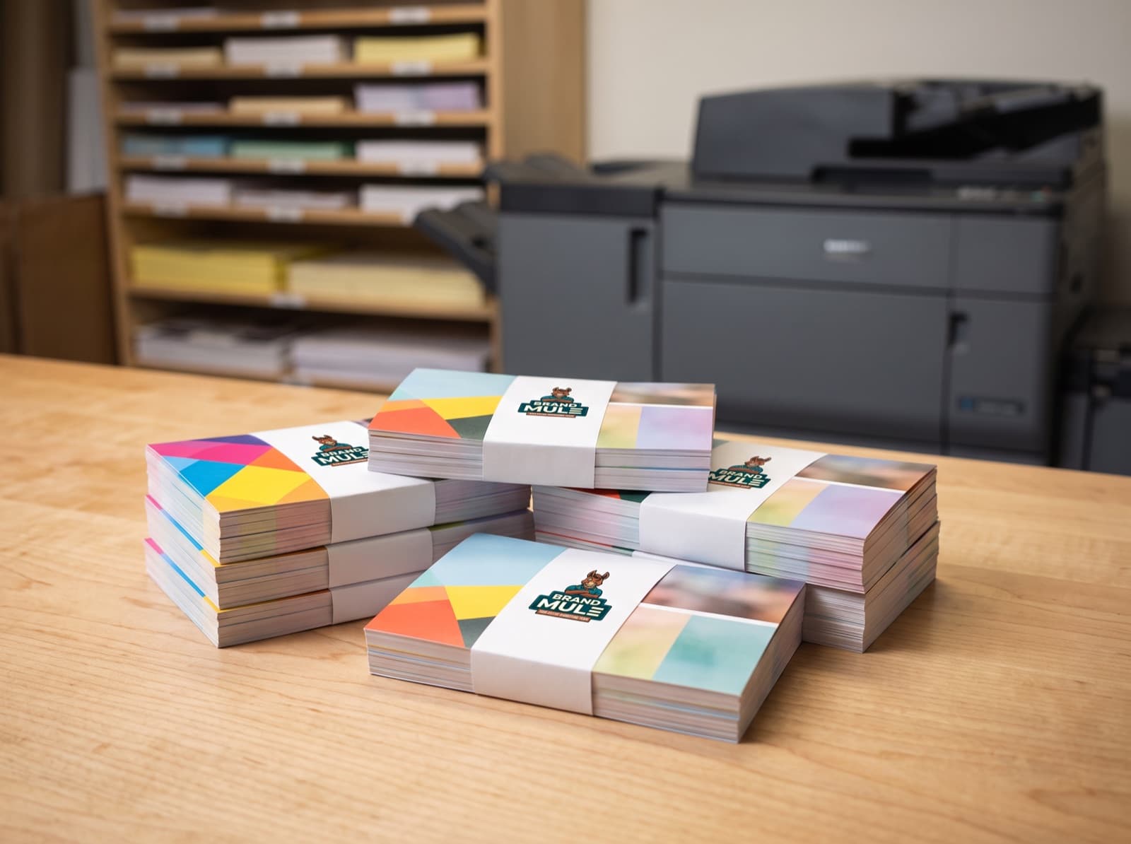 Stacks of finished postcards in Brand Mule paper bands on a wooden work table, a paper rack and a press behind