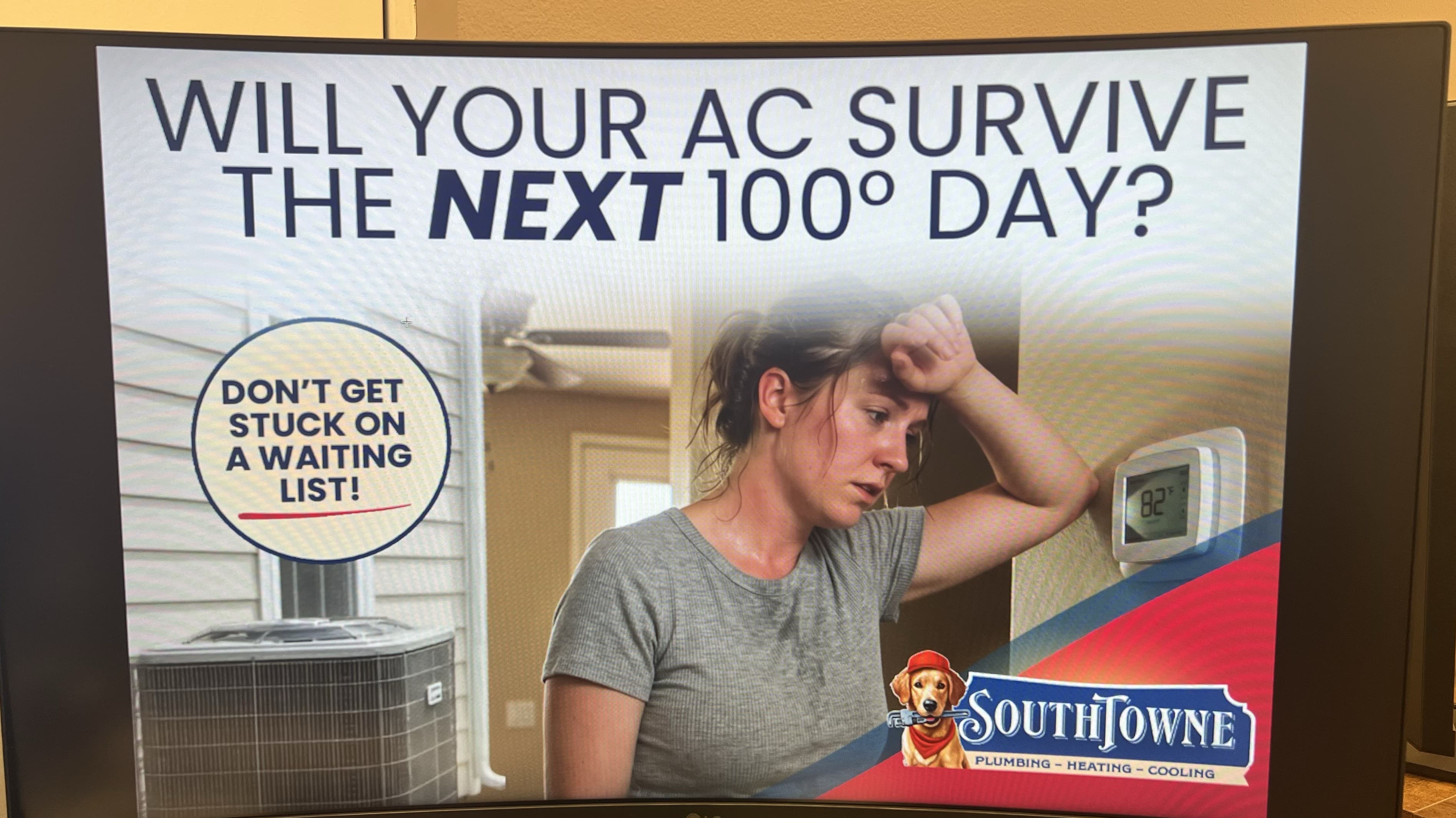 A SouthTowne postcard proof full-screen on a shop monitor — the front of the card, checked before it prints