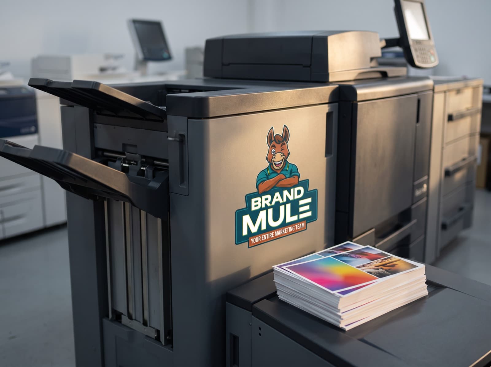 A digital production press with a Brand Mule decal on its side, a stack of freshly printed color sheets on the output tray