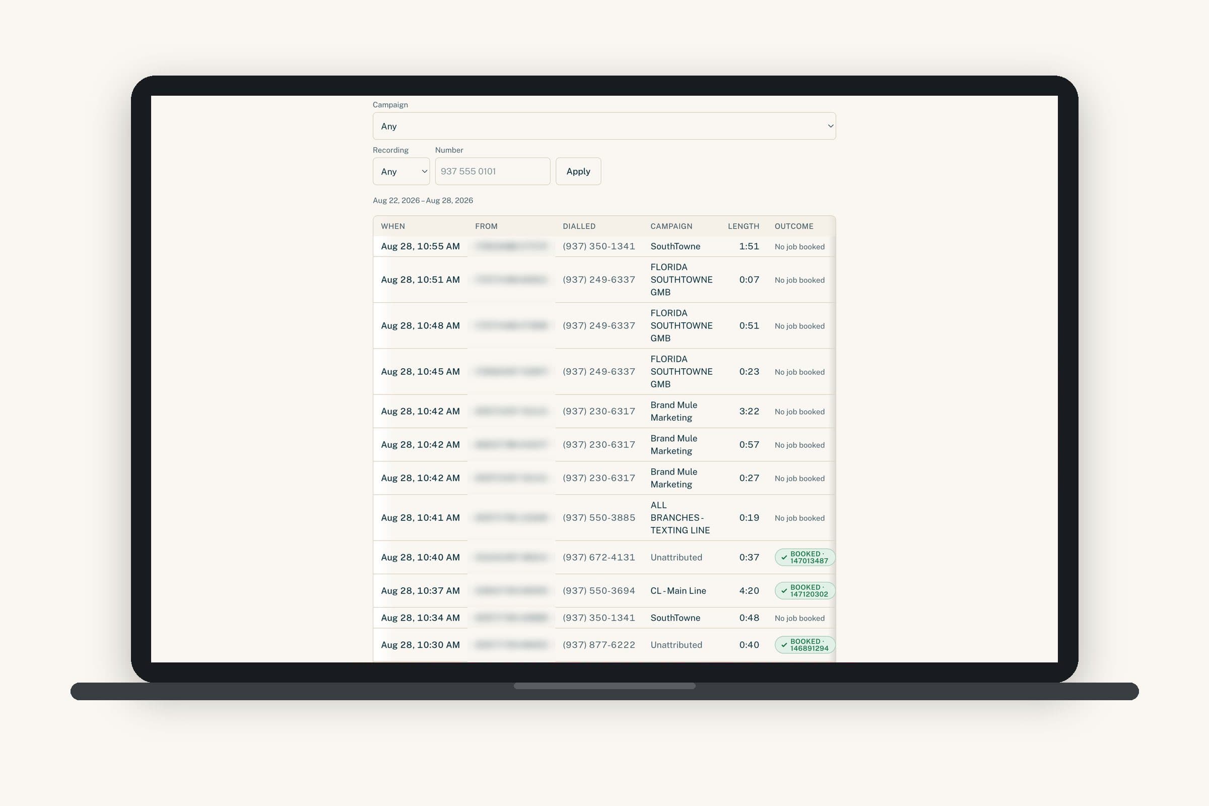 A call log on a laptop: every call matched to the tracking number it came in on and the campaign behind it, with the booked jobs marked. Caller numbers are blurred