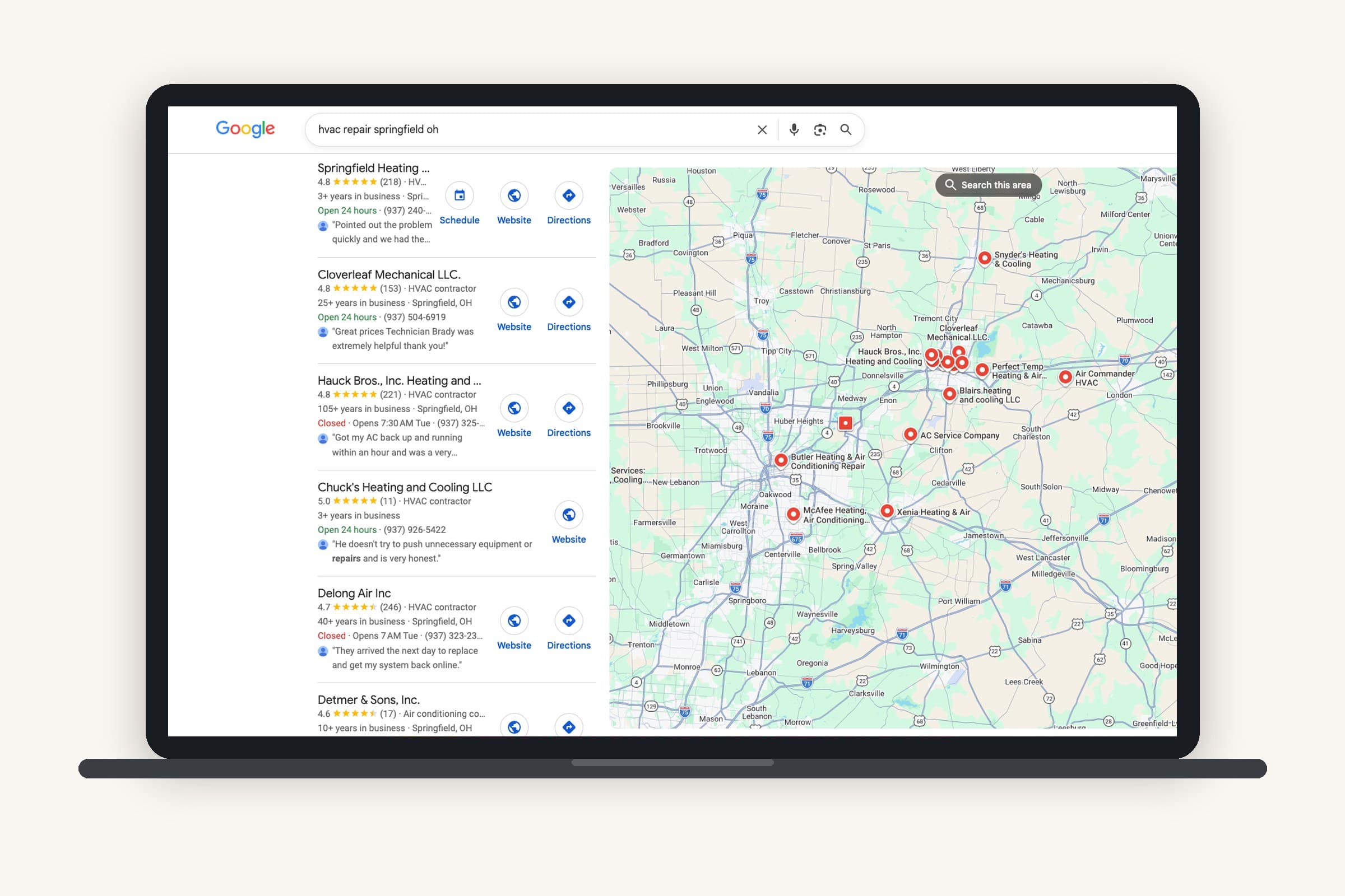 Google results for "hvac repair springfield oh" on a laptop: Cloverleaf Mechanical second in the local results with a 4.8-star rating across 153 reviews, their pin on the map