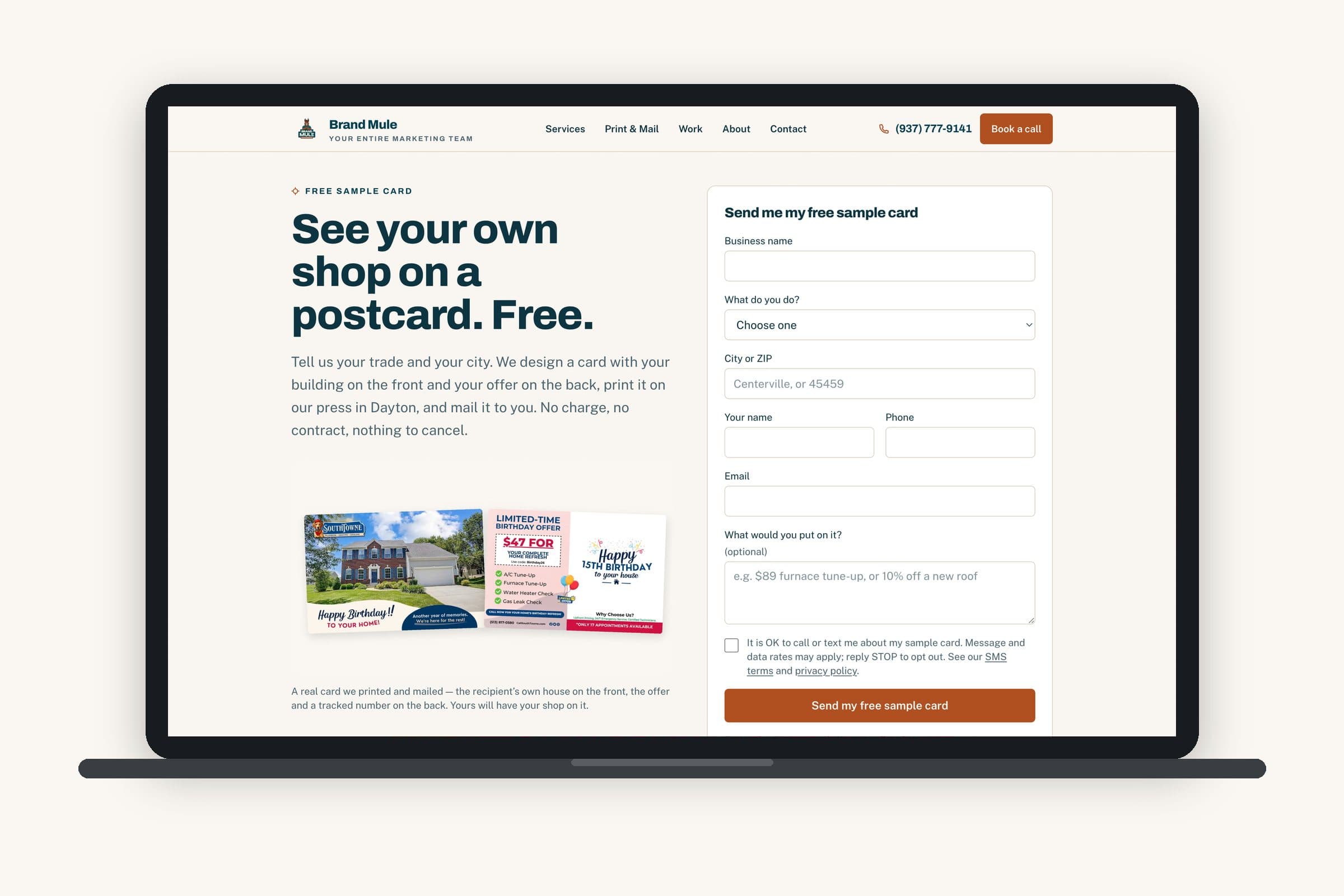 The free sample-card landing page on a laptop: one offer, one form, one number