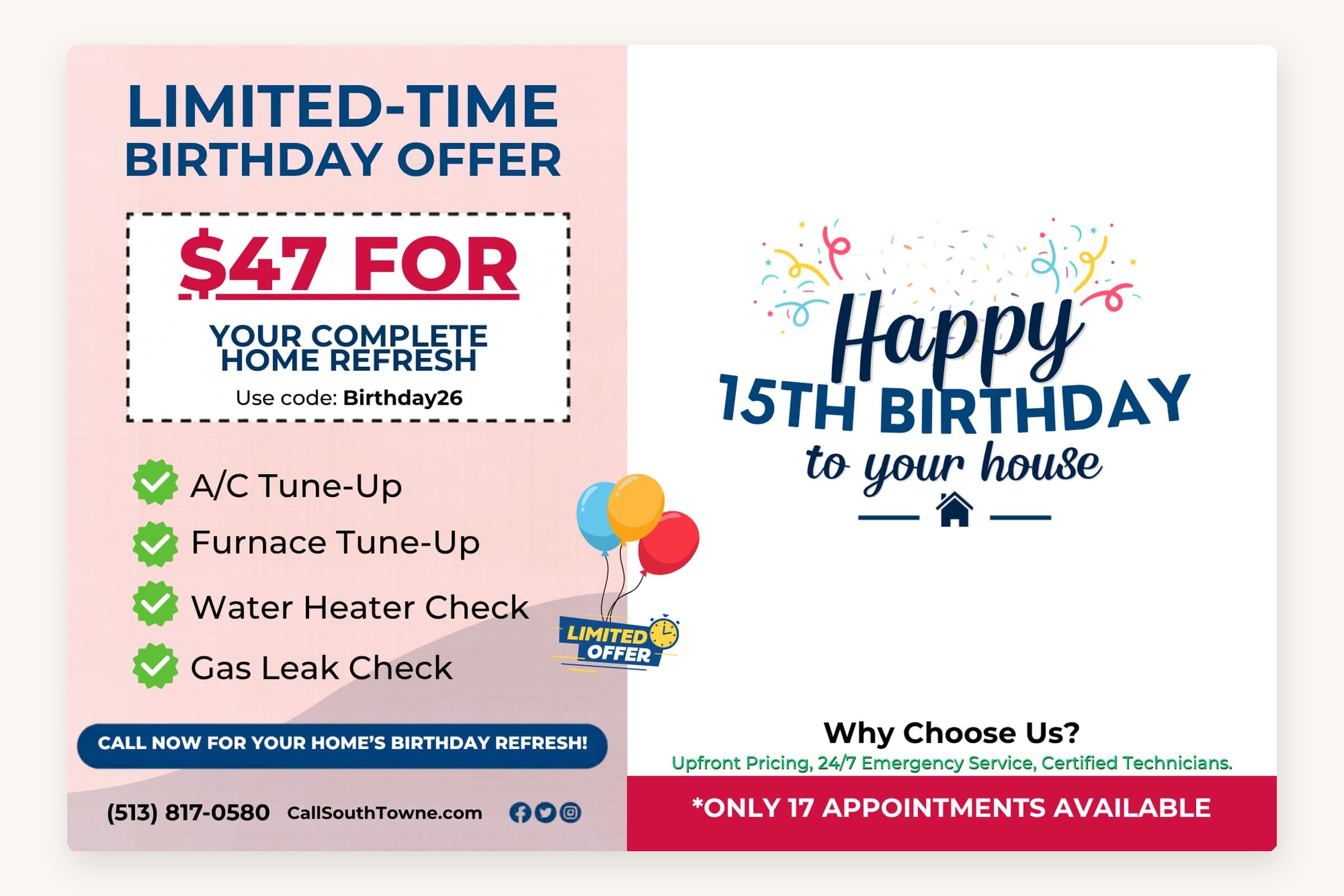 The back of the SouthTowne birthday postcard: the $47 offer, the checklist, the code and the tracked number