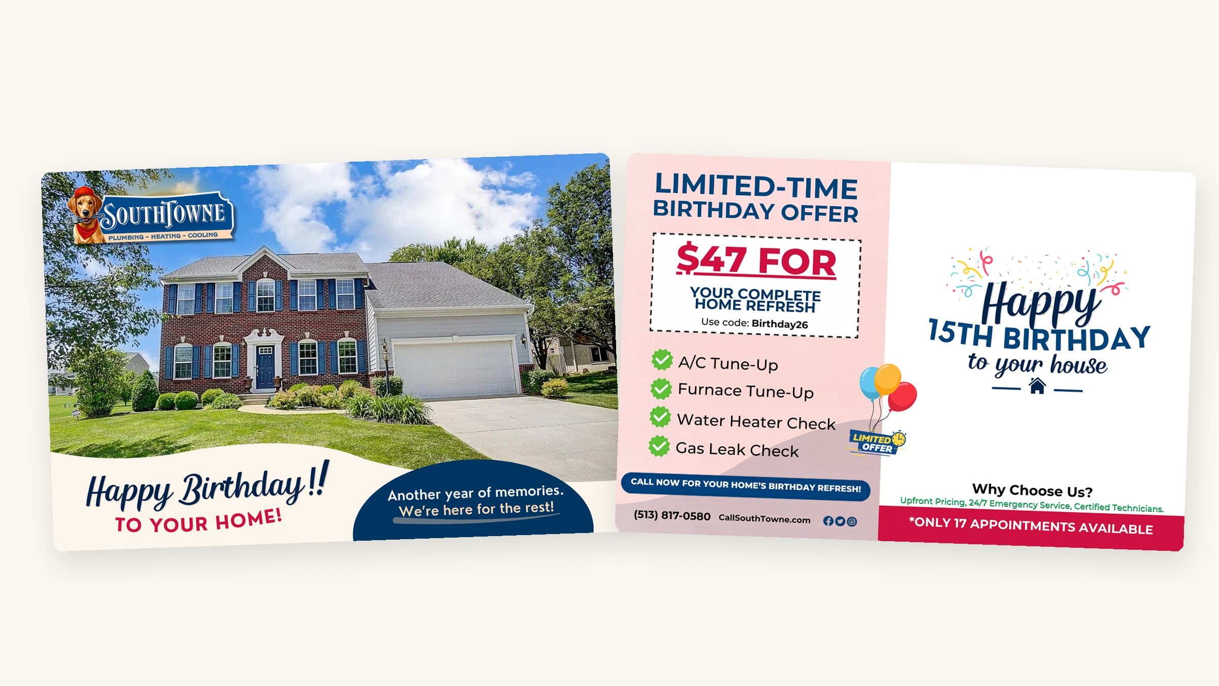 A real SouthTowne house-photo postcard, front and back: the customer’s home on one side, the birthday offer and tracked number on the other