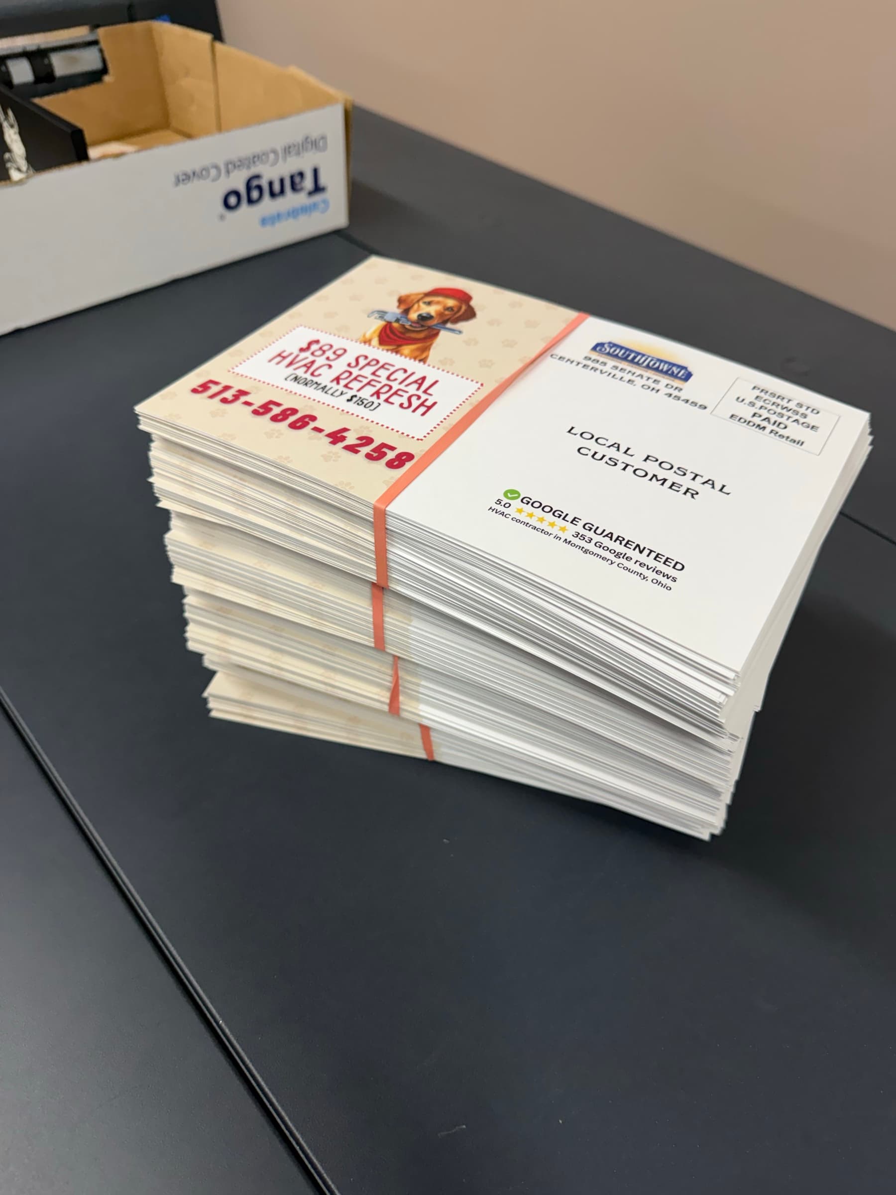 SouthTowne postcards with the $89 HVAC refresh offer, banded and ready to mail