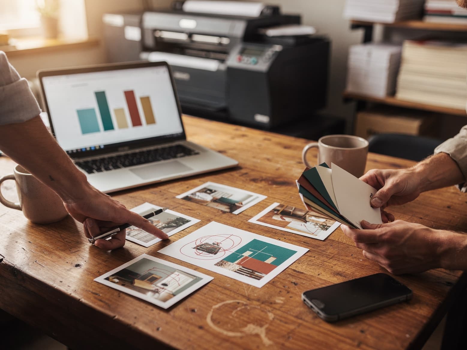 Two people’s hands over marked-up printed proofs at a wooden worktable, one pointing with a pen, the other holding a color swatch fan, a laptop bar chart and a printer behind