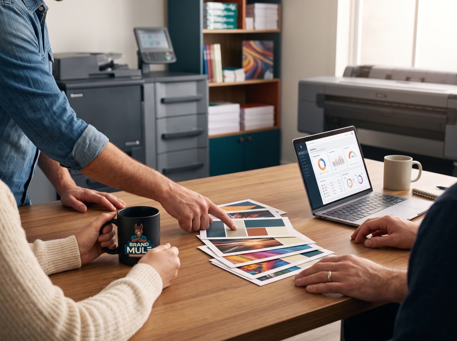 Three people around a wooden table, one pointing at a spread of printed proofs, a laptop dashboard open and a Brand Mule mug in hand, presses behind